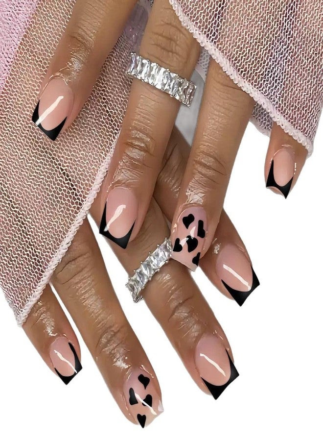 HJKDSFD 24Pcs Black French Tip Press on Nails Valentines Short Square Fake Nails Black Hearts Stick on Nail Nude Glossy Glue on Nails Cute Natural Acrylic Artificial Nail for Women Manicure - Image 5